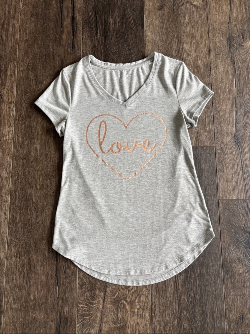 Apt. 9 Gray V‑Neck Tee with Rose‑Gold 'Love' Heart
